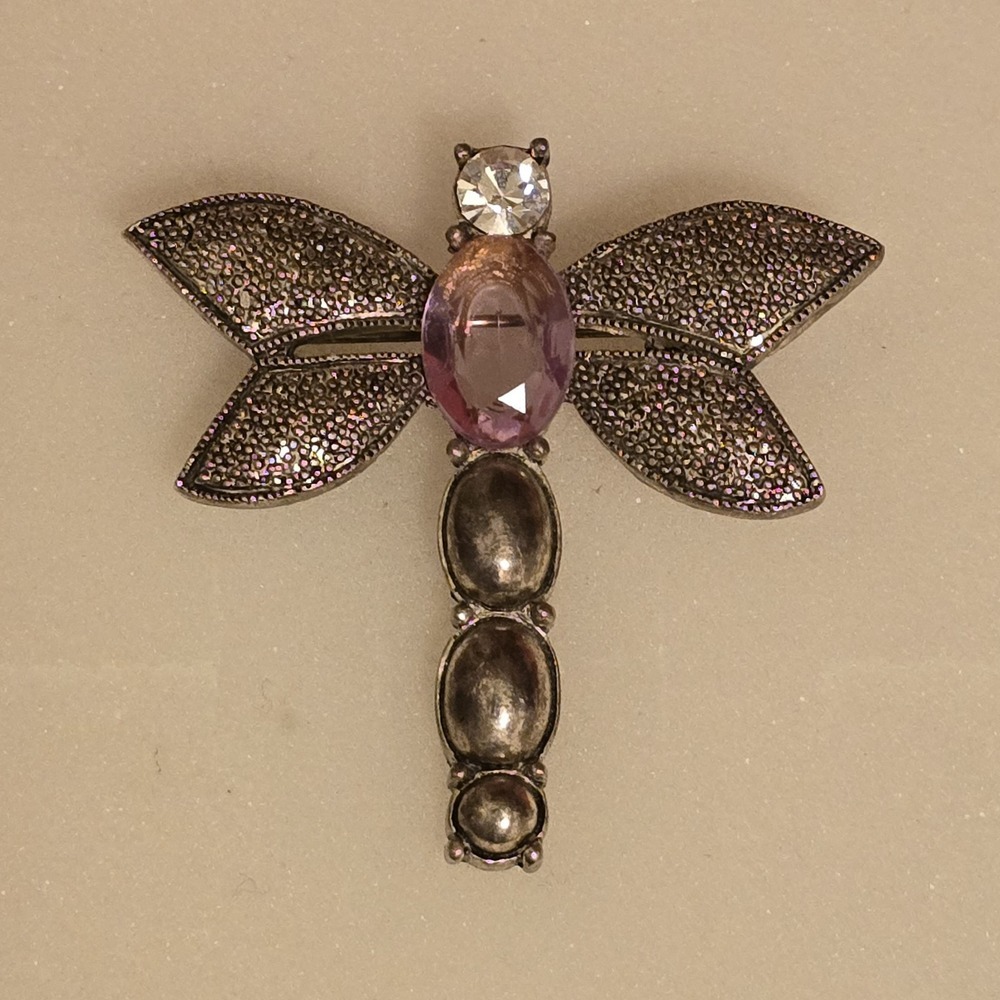 Vintage Dragonfly Amethyst Marcasite Brooch Pendant 1.75" X 1.75"